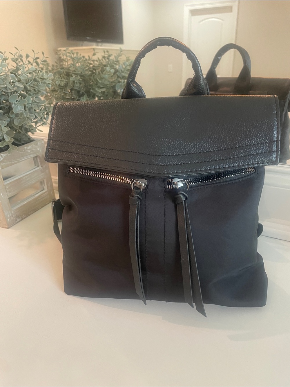 Botkier Trigger Black Leather-Top Mini Backpack with Front Zip Tassels